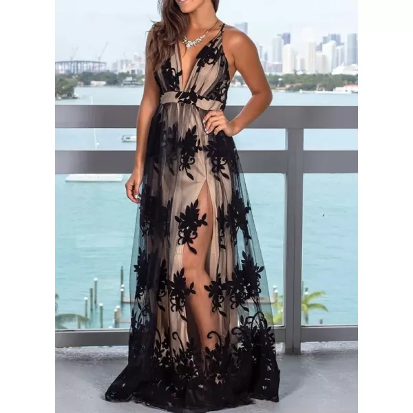 Dokotoo Womens 2023 Formal Dresses Plunging V-Neck Embroidered Floral Lace Mesh Velvet Maxi Dress