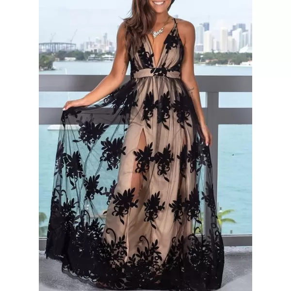 Dokotoo Womens 2023 Formal Dresses Plunging V-Neck Embroidered Floral Lace Mesh Velvet Maxi Dress