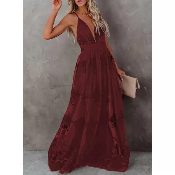 Dokotoo Womens 2023 Formal Dresses Plunging V-Neck Embroidered Floral Lace Mesh Velvet Maxi Dress