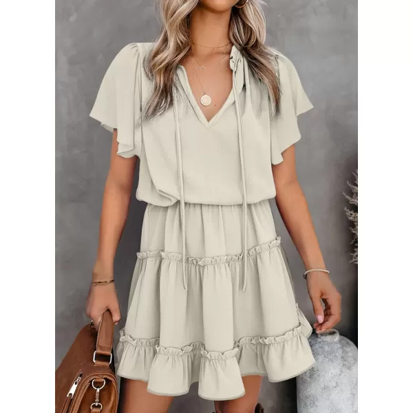 Dokotoo Womens 2023 Short Sleeve Split V Neck Ruffle Chiffon Elegant Mini Short Skirt Dresses