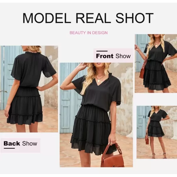 Dokotoo Womens 2023 Short Sleeve Split V Neck Ruffle Chiffon Elegant Mini Short Skirt Dresses