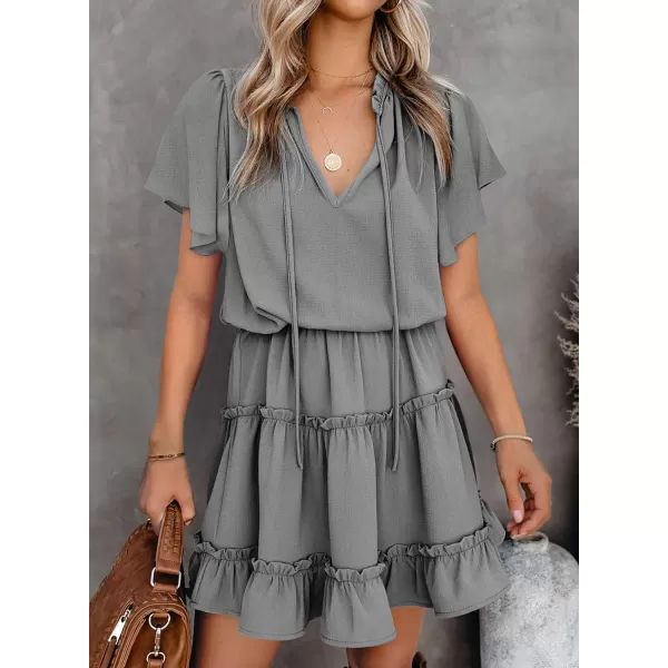 Dokotoo Womens 2023 Short Sleeve Split V Neck Ruffle Chiffon Elegant Mini Short Skirt Dresses