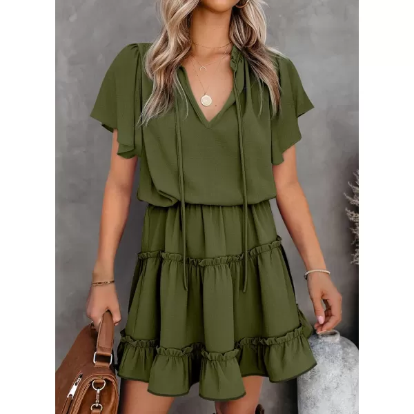 Dokotoo Womens 2023 Short Sleeve Split V Neck Ruffle Chiffon Elegant Mini Short Skirt Dresses