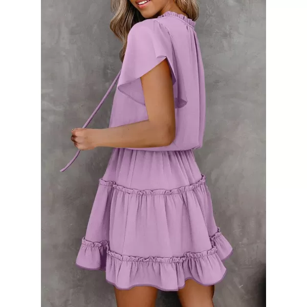 Dokotoo Womens 2023 Short Sleeve Split V Neck Ruffle Chiffon Elegant Mini Short Skirt Dresses