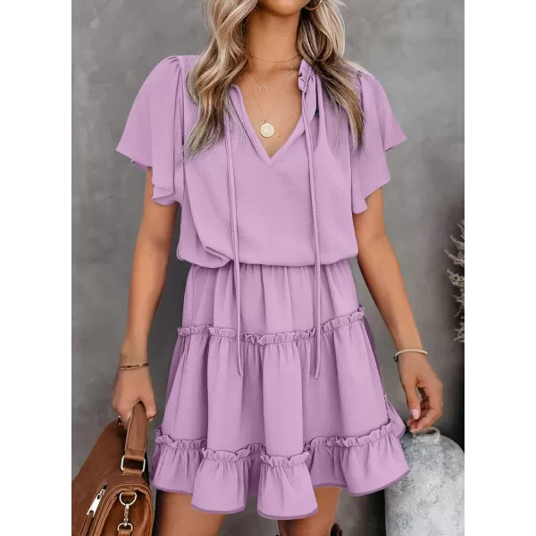 Dokotoo Womens 2023 Short Sleeve Split V Neck Ruffle Chiffon Elegant Mini Short Skirt Dresses