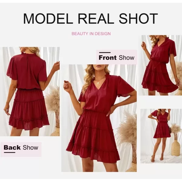 Dokotoo Womens 2023 Short Sleeve Split V Neck Ruffle Chiffon Elegant Mini Short Skirt Dresses