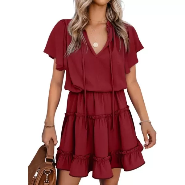 Dokotoo Womens 2023 Short Sleeve Split V Neck Ruffle Chiffon Elegant Mini Short Skirt Dresses