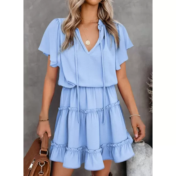 Dokotoo Womens 2023 Short Sleeve Split V Neck Ruffle Chiffon Elegant Mini Short Skirt Dresses
