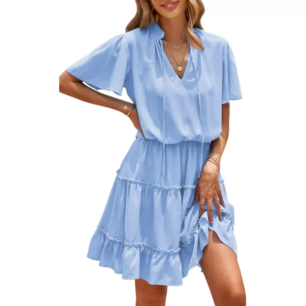 Dokotoo Womens 2023 Short Sleeve Split V Neck Ruffle Chiffon Elegant Mini Short Skirt Dresses