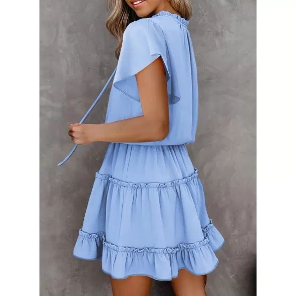 Dokotoo Womens 2023 Short Sleeve Split V Neck Ruffle Chiffon Elegant Mini Short Skirt Dresses