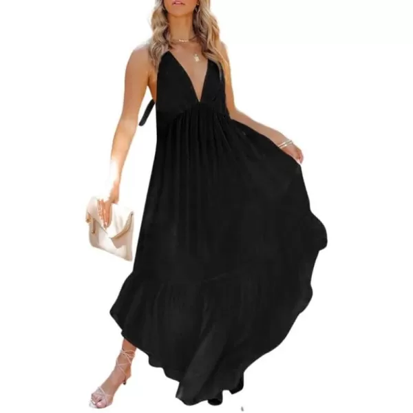 Dokotoo Womens 2023 Summer Cover Ups Sexy Deep V-Neck Backless Halter Beach Maxi Dresses