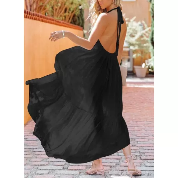 Dokotoo Womens 2023 Summer Cover Ups Sexy Deep V-Neck Backless Halter Beach Maxi Dresses
