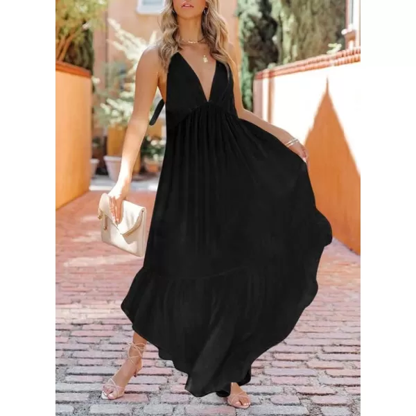 Dokotoo Womens 2023 Summer Cover Ups Sexy Deep V-Neck Backless Halter Beach Maxi Dresses