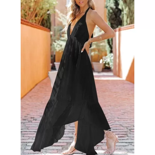 Dokotoo Womens 2023 Summer Cover Ups Sexy Deep V-Neck Backless Halter Beach Maxi Dresses