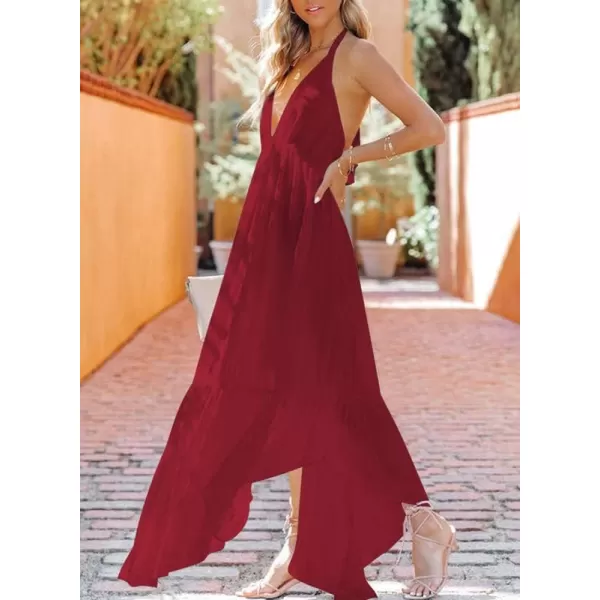 Dokotoo Womens 2023 Summer Cover Ups Sexy Deep V-Neck Backless Halter Beach Maxi Dresses