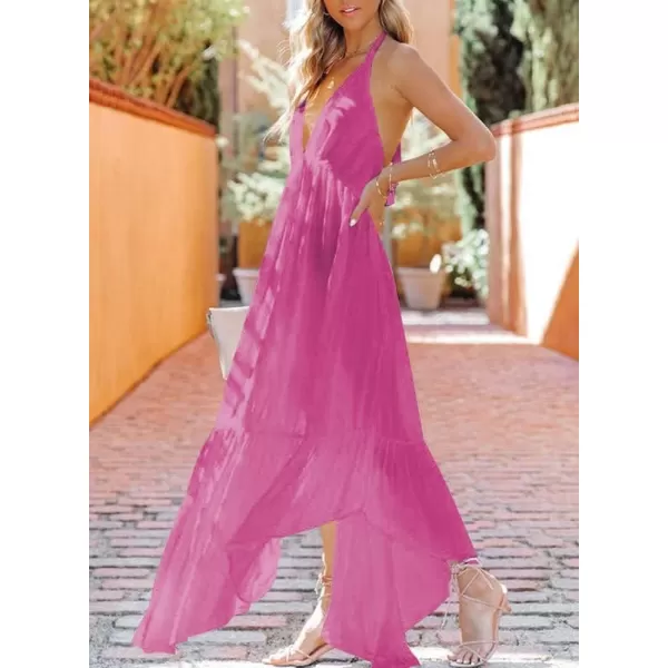 Dokotoo Womens 2023 Summer Cover Ups Sexy Deep V-Neck Backless Halter Beach Maxi Dresses