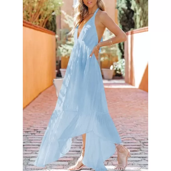Dokotoo Womens 2023 Summer Cover Ups Sexy Deep V-Neck Backless Halter Beach Maxi Dresses