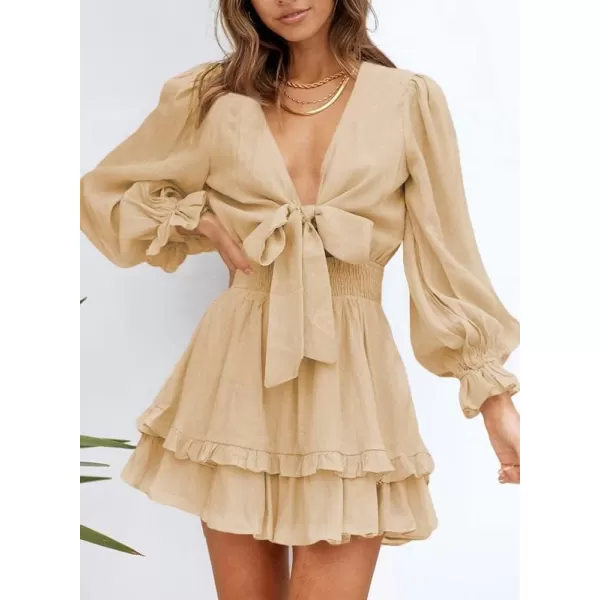 Dokotoo Womens 2023 Summer Deep V Neck Knotted Tiered Chiffon Elegant Mini Short Swing Skater Dresses
