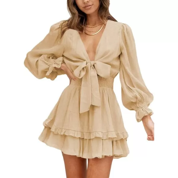 Dokotoo Womens 2023 Summer Deep V Neck Knotted Tiered Chiffon Elegant Mini Short Swing Skater Dresses