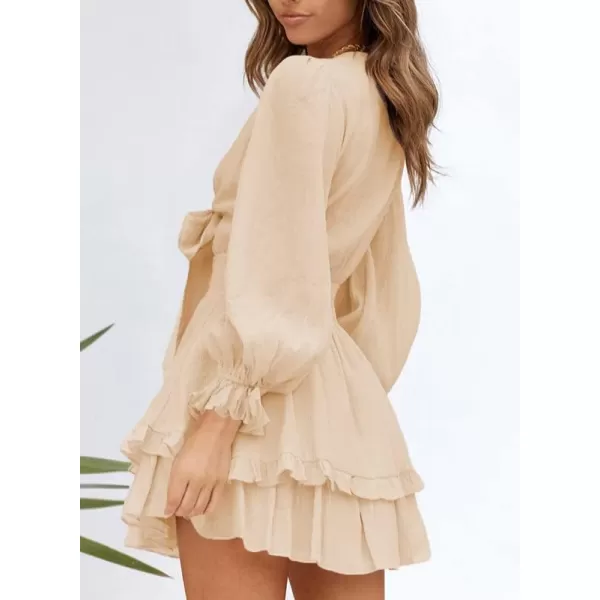 Dokotoo Womens 2023 Summer Deep V Neck Knotted Tiered Chiffon Elegant Mini Short Swing Skater Dresses