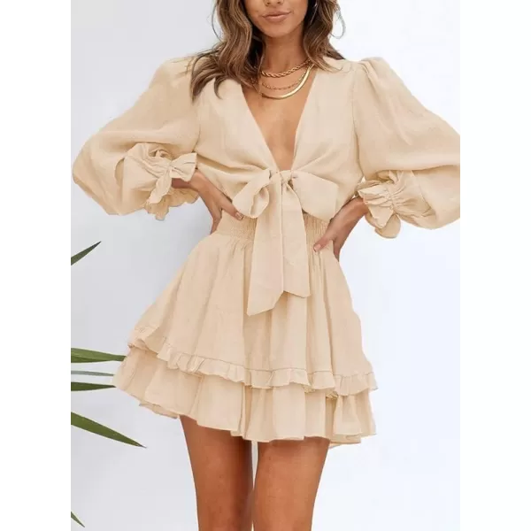 Dokotoo Womens 2023 Summer Deep V Neck Knotted Tiered Chiffon Elegant Mini Short Swing Skater Dresses