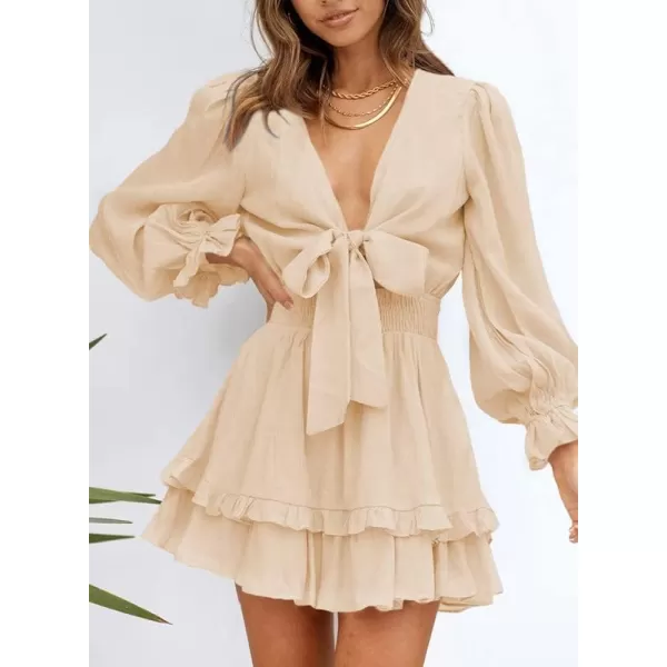 Dokotoo Womens 2023 Summer Deep V Neck Knotted Tiered Chiffon Elegant Mini Short Swing Skater Dresses
