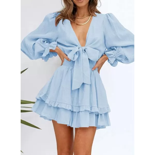 Dokotoo Womens 2023 Summer Deep V Neck Knotted Tiered Chiffon Elegant Mini Short Swing Skater Dresses