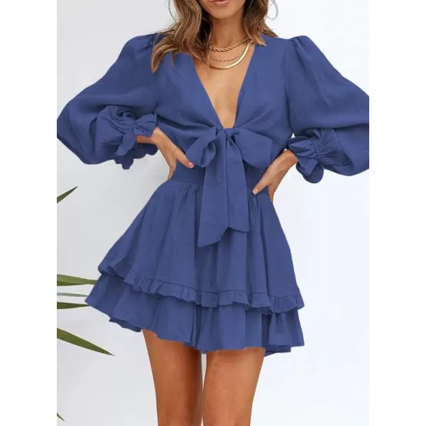Dokotoo Womens 2023 Summer Deep V Neck Knotted Tiered Chiffon Elegant Mini Short Swing Skater Dresses