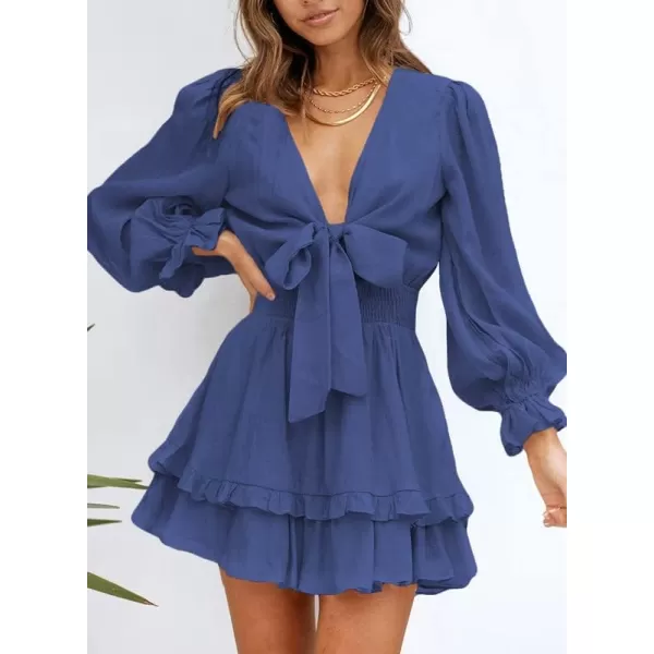 Dokotoo Womens 2023 Summer Deep V Neck Knotted Tiered Chiffon Elegant Mini Short Swing Skater Dresses