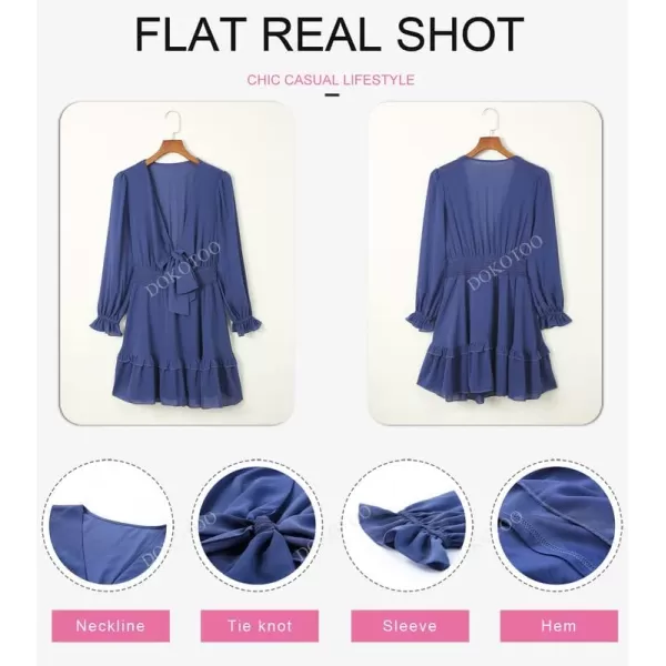 Dokotoo Womens 2023 Summer Deep V Neck Knotted Tiered Chiffon Elegant Mini Short Swing Skater Dresses