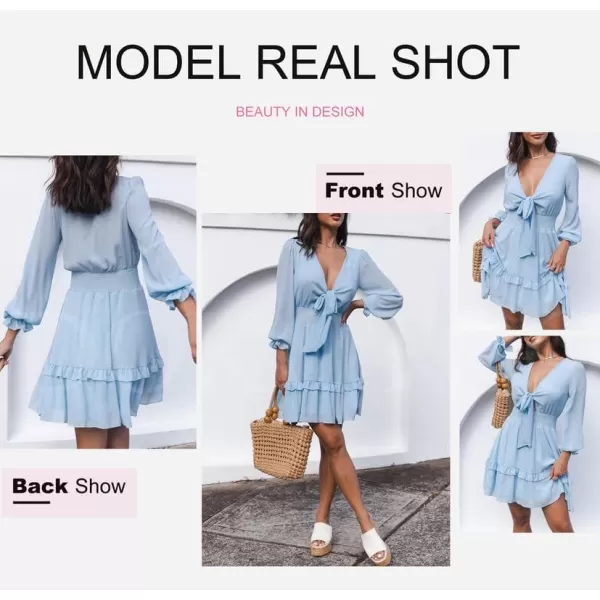 Dokotoo Womens 2023 Summer Deep V Neck Knotted Tiered Chiffon Elegant Mini Short Swing Skater Dresses