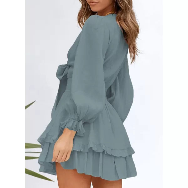 Dokotoo Womens 2023 Summer Deep V Neck Knotted Tiered Chiffon Elegant Mini Short Swing Skater Dresses