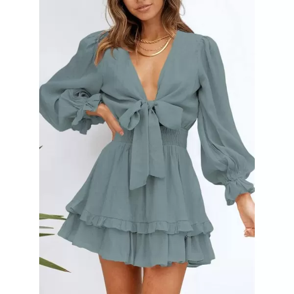 Dokotoo Womens 2023 Summer Deep V Neck Knotted Tiered Chiffon Elegant Mini Short Swing Skater Dresses