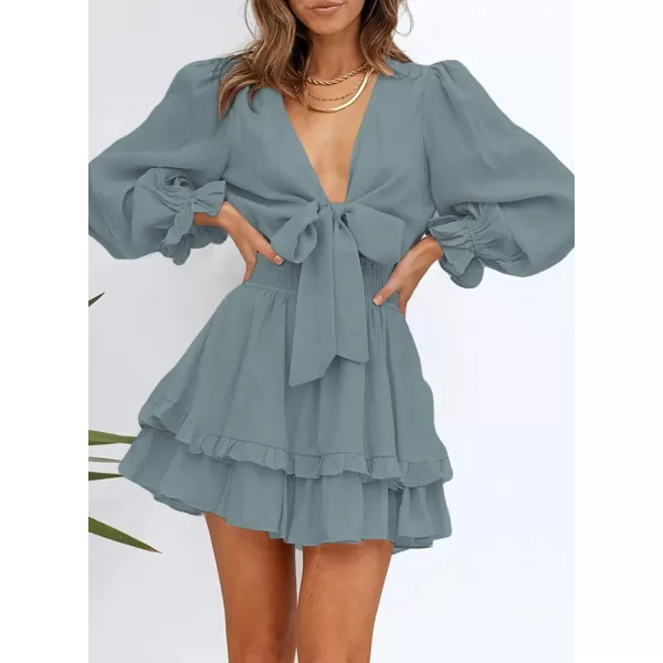 Dokotoo Womens 2023 Summer Deep V Neck Knotted Tiered Chiffon Elegant Mini Short Swing Skater Dresses