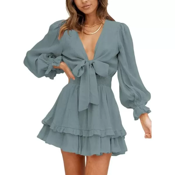 Dokotoo Womens 2023 Summer Deep V Neck Knotted Tiered Chiffon Elegant Mini Short Swing Skater Dresses
