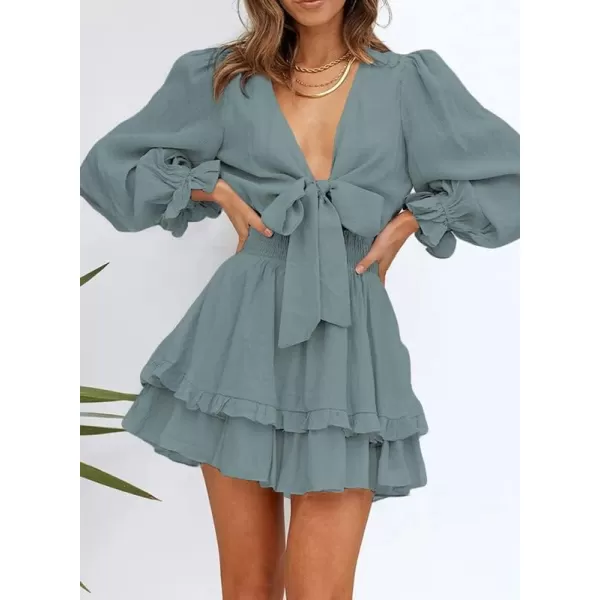 Dokotoo Womens 2023 Summer Deep V Neck Knotted Tiered Chiffon Elegant Mini Short Swing Skater Dresses