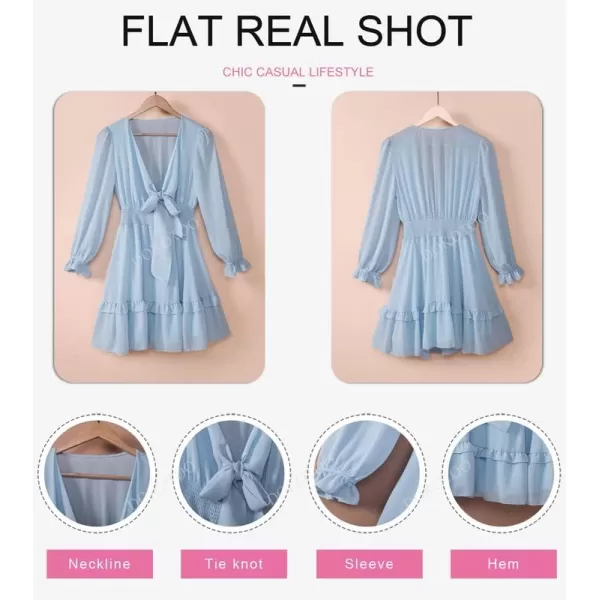 Dokotoo Womens 2023 Summer Deep V Neck Knotted Tiered Chiffon Elegant Mini Short Swing Skater Dresses