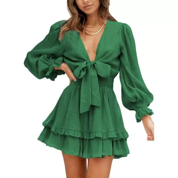 Dokotoo Womens 2023 Summer Deep V Neck Knotted Tiered Chiffon Elegant Mini Short Swing Skater Dresses