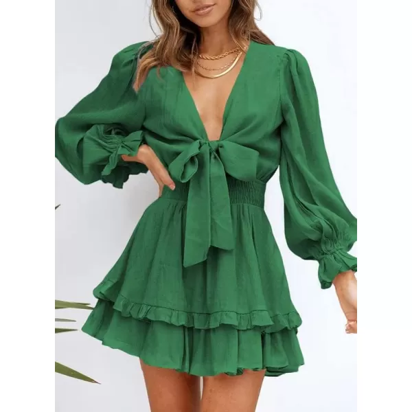 Dokotoo Womens 2023 Summer Deep V Neck Knotted Tiered Chiffon Elegant Mini Short Swing Skater Dresses