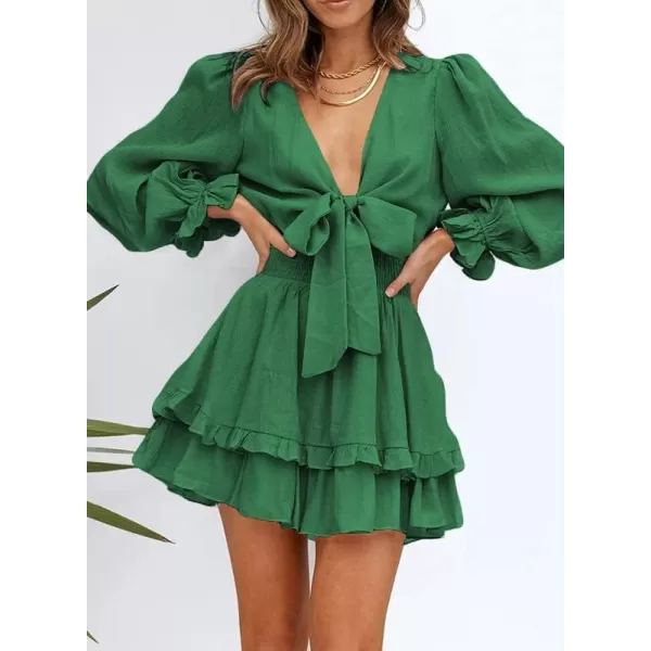 Dokotoo Womens 2023 Summer Deep V Neck Knotted Tiered Chiffon Elegant Mini Short Swing Skater Dresses