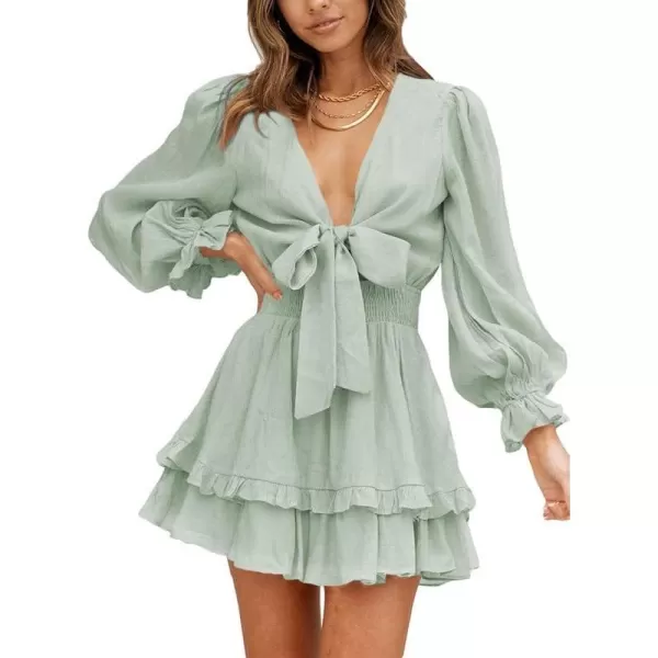 Dokotoo Womens 2023 Summer Deep V Neck Knotted Tiered Chiffon Elegant Mini Short Swing Skater Dresses