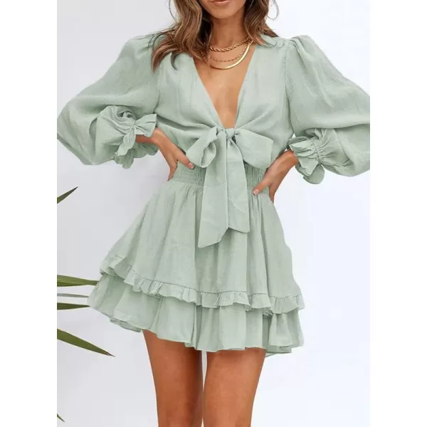 Dokotoo Womens 2023 Summer Deep V Neck Knotted Tiered Chiffon Elegant Mini Short Swing Skater Dresses