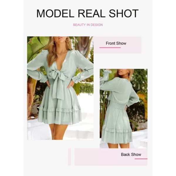 Dokotoo Womens 2023 Summer Deep V Neck Knotted Tiered Chiffon Elegant Mini Short Swing Skater Dresses
