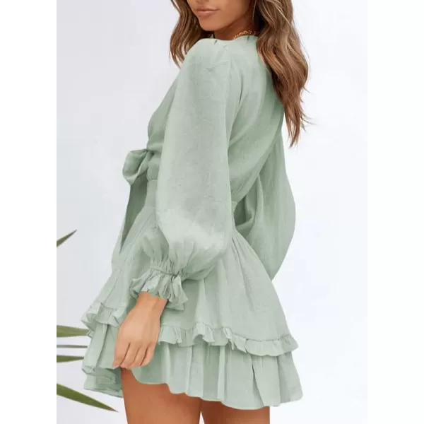 Dokotoo Womens 2023 Summer Deep V Neck Knotted Tiered Chiffon Elegant Mini Short Swing Skater Dresses