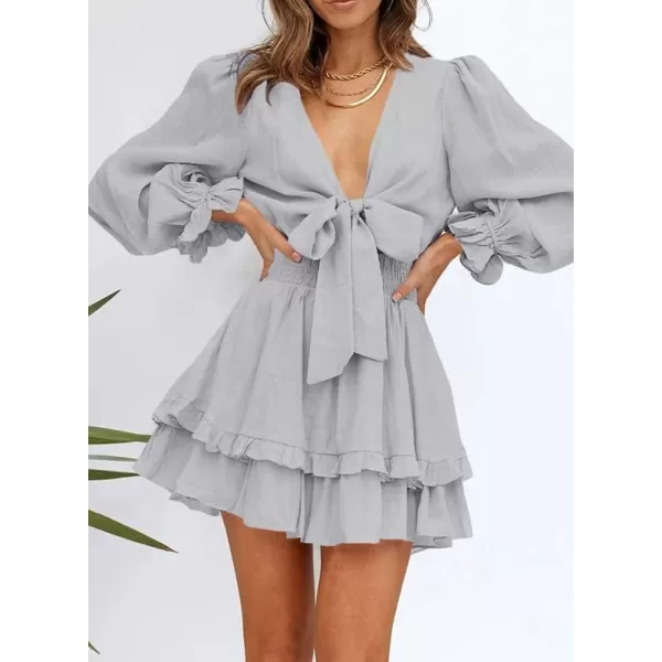 Dokotoo Womens 2023 Summer Deep V Neck Knotted Tiered Chiffon Elegant Mini Short Swing Skater Dresses