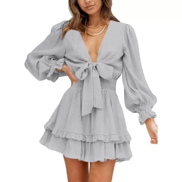Dokotoo Womens 2023 Summer Deep V Neck Knotted Tiered Chiffon Elegant Mini Short Swing Skater Dresses