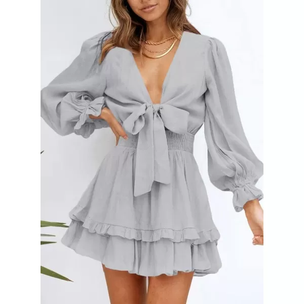 Dokotoo Womens 2023 Summer Deep V Neck Knotted Tiered Chiffon Elegant Mini Short Swing Skater Dresses