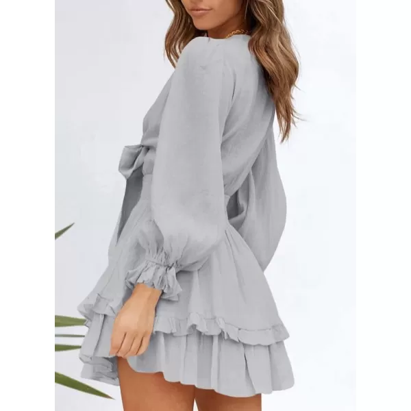Dokotoo Womens 2023 Summer Deep V Neck Knotted Tiered Chiffon Elegant Mini Short Swing Skater Dresses