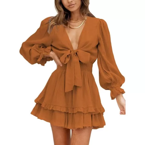 Dokotoo Womens 2023 Summer Deep V Neck Knotted Tiered Chiffon Elegant Mini Short Swing Skater Dresses