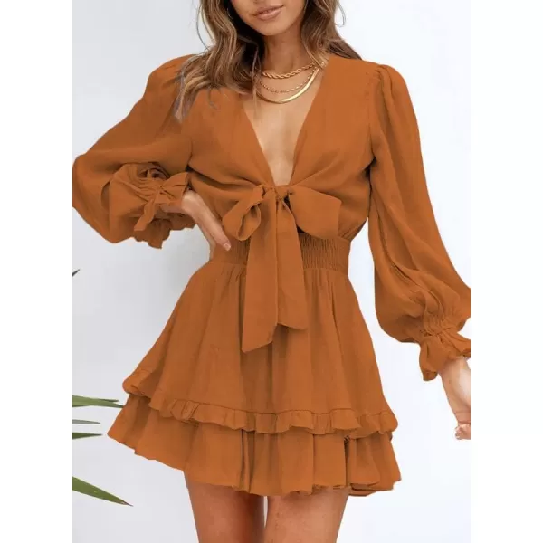 Dokotoo Womens 2023 Summer Deep V Neck Knotted Tiered Chiffon Elegant Mini Short Swing Skater Dresses